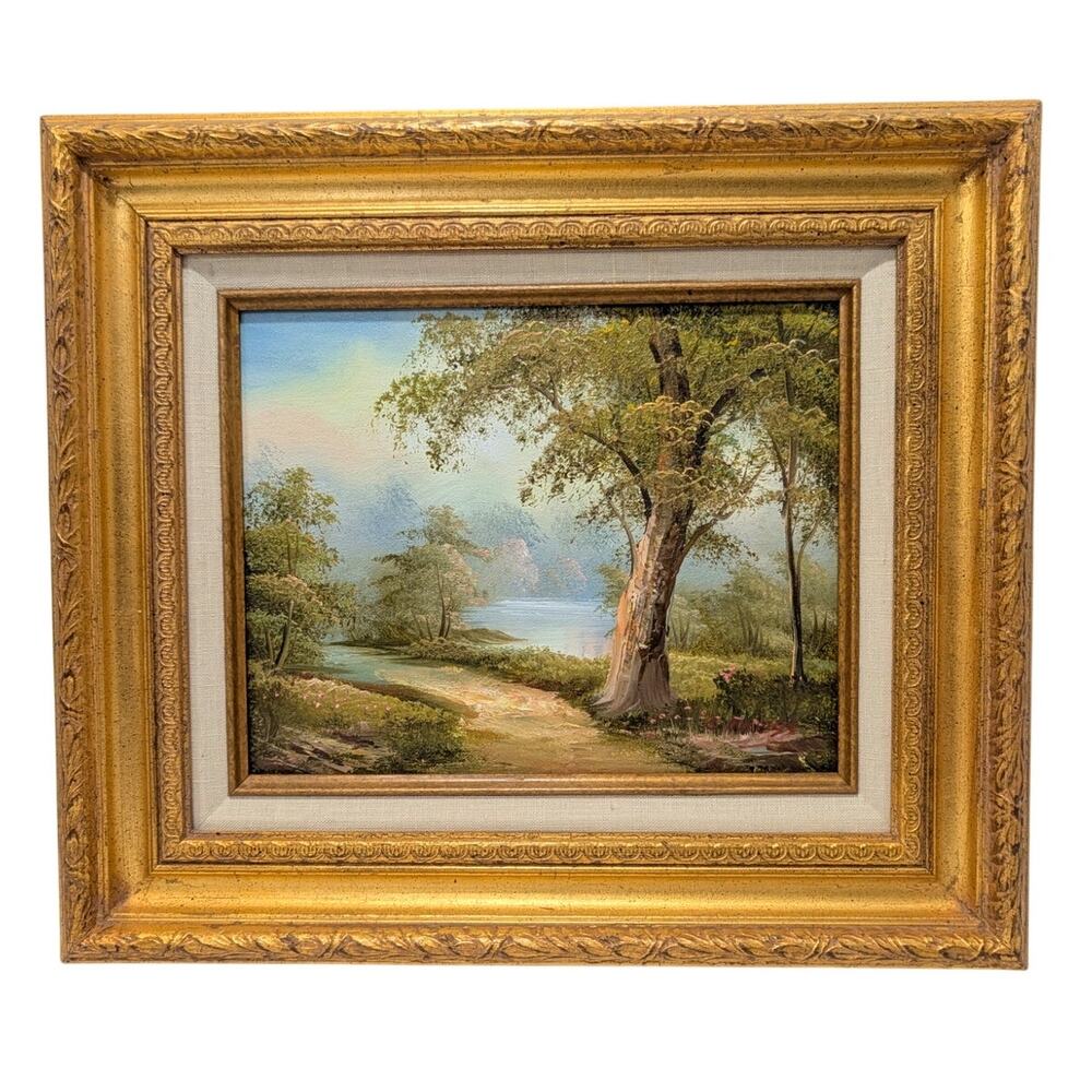 Vtg C. Inness Landscape Oil Painting on Wood Panel Ornate Gold Wood Frame MCM